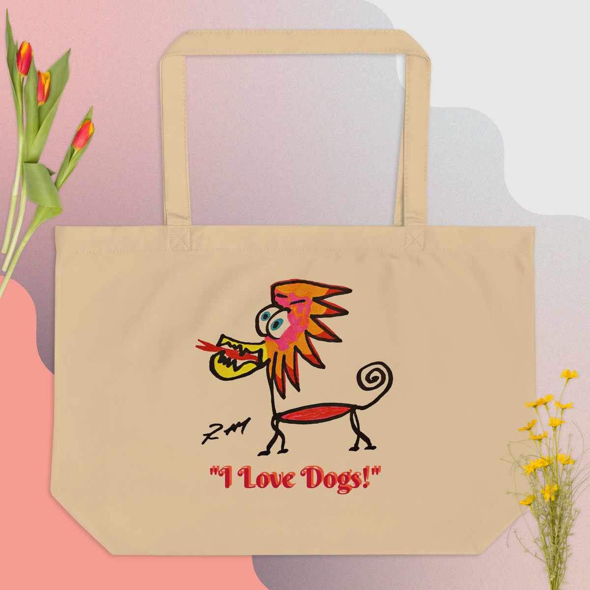Feather Head Dog! Large Organic Tote Bag