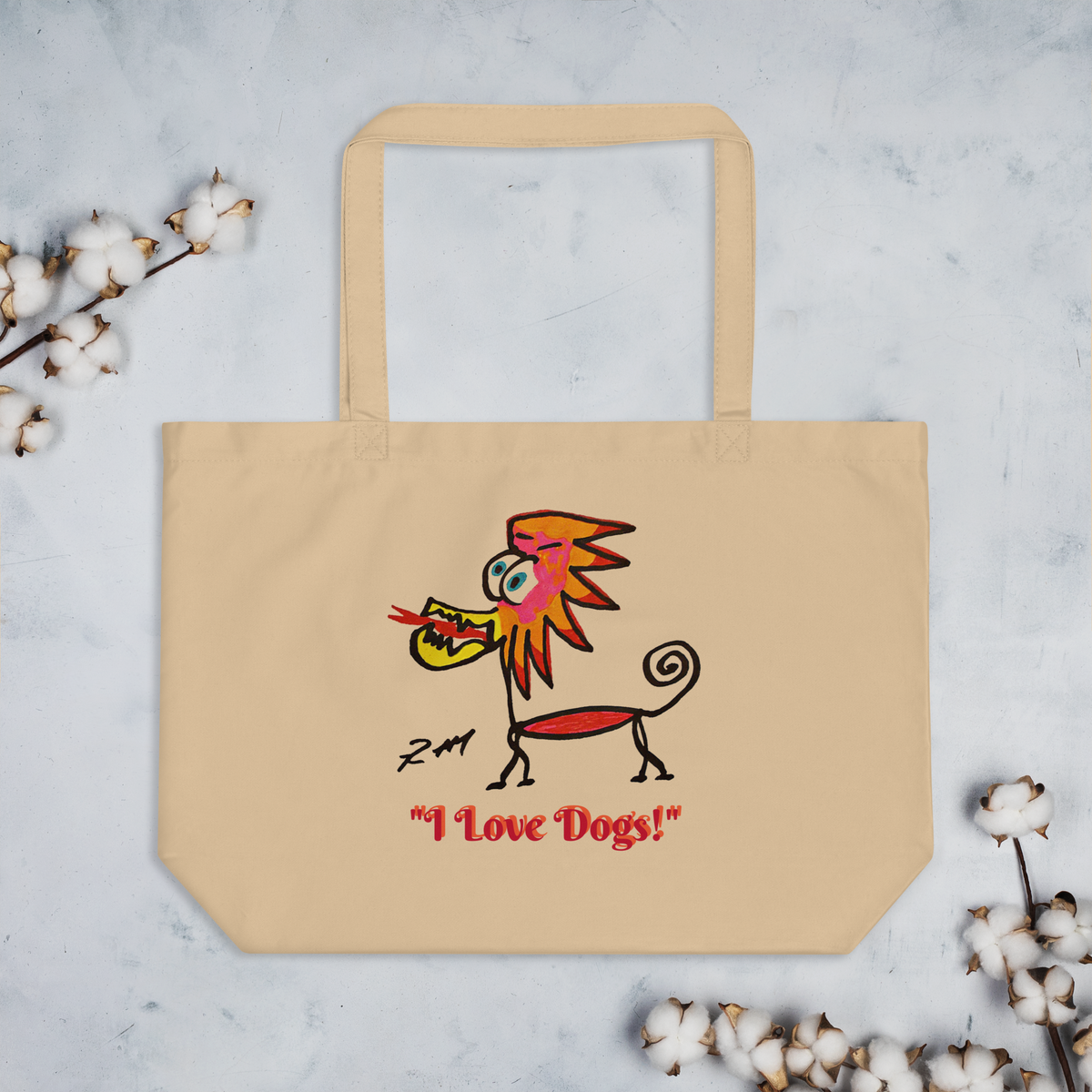 Feather Head Dog! Large Organic Tote Bag