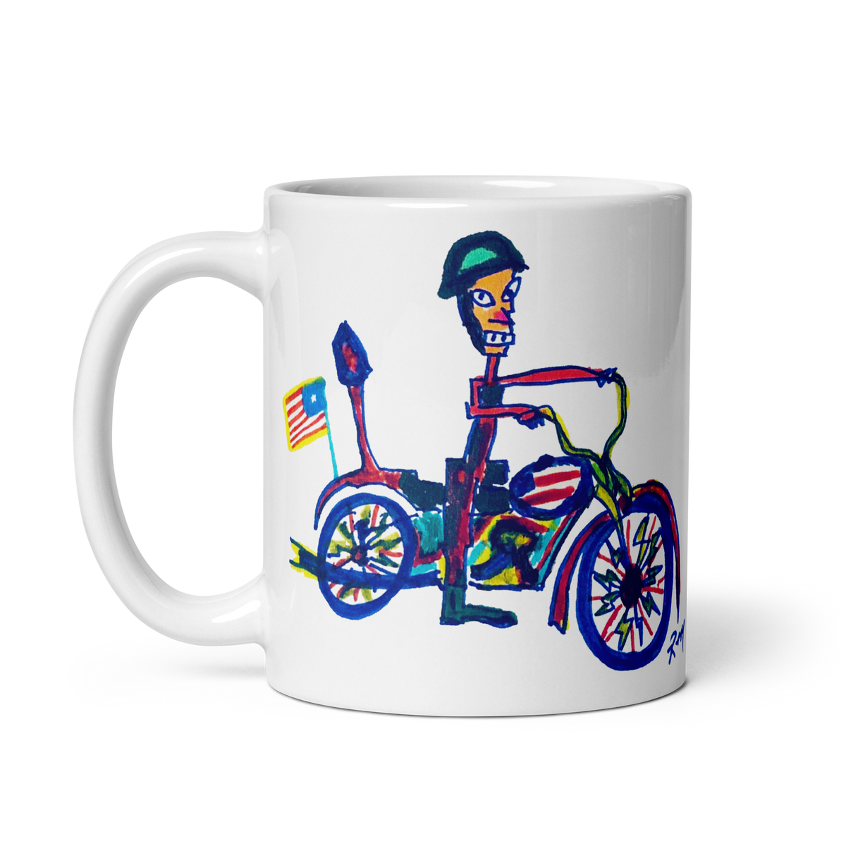 Quirky Motorcycle Rider! White Glossy Mug