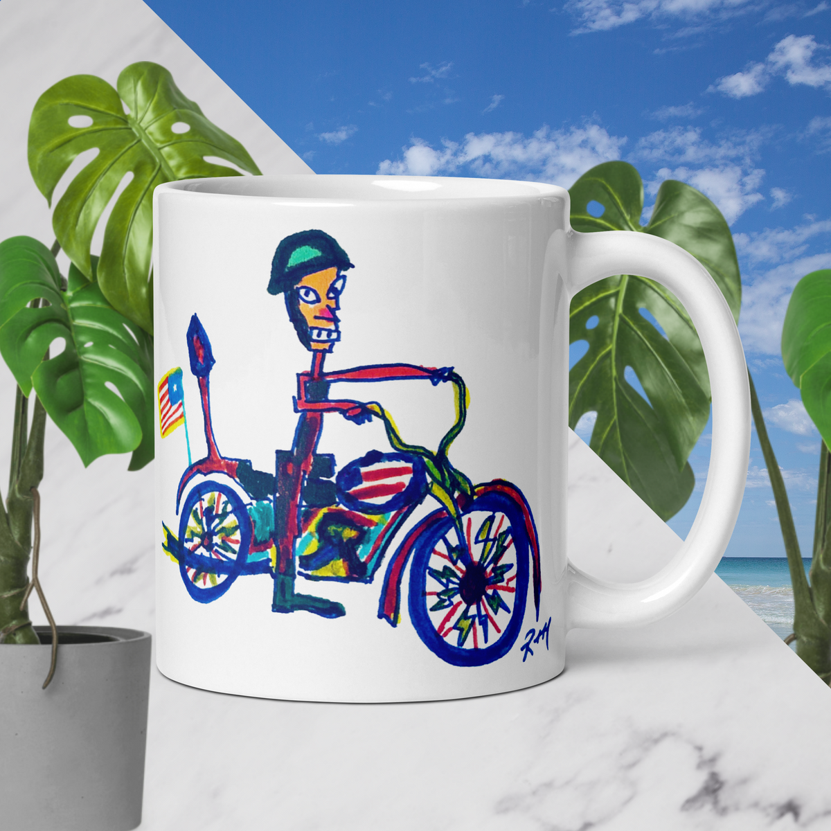 Quirky Motorcycle Rider! White Glossy Mug