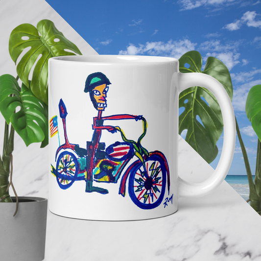Quirky Motorcycle Rider! White Glossy Mug