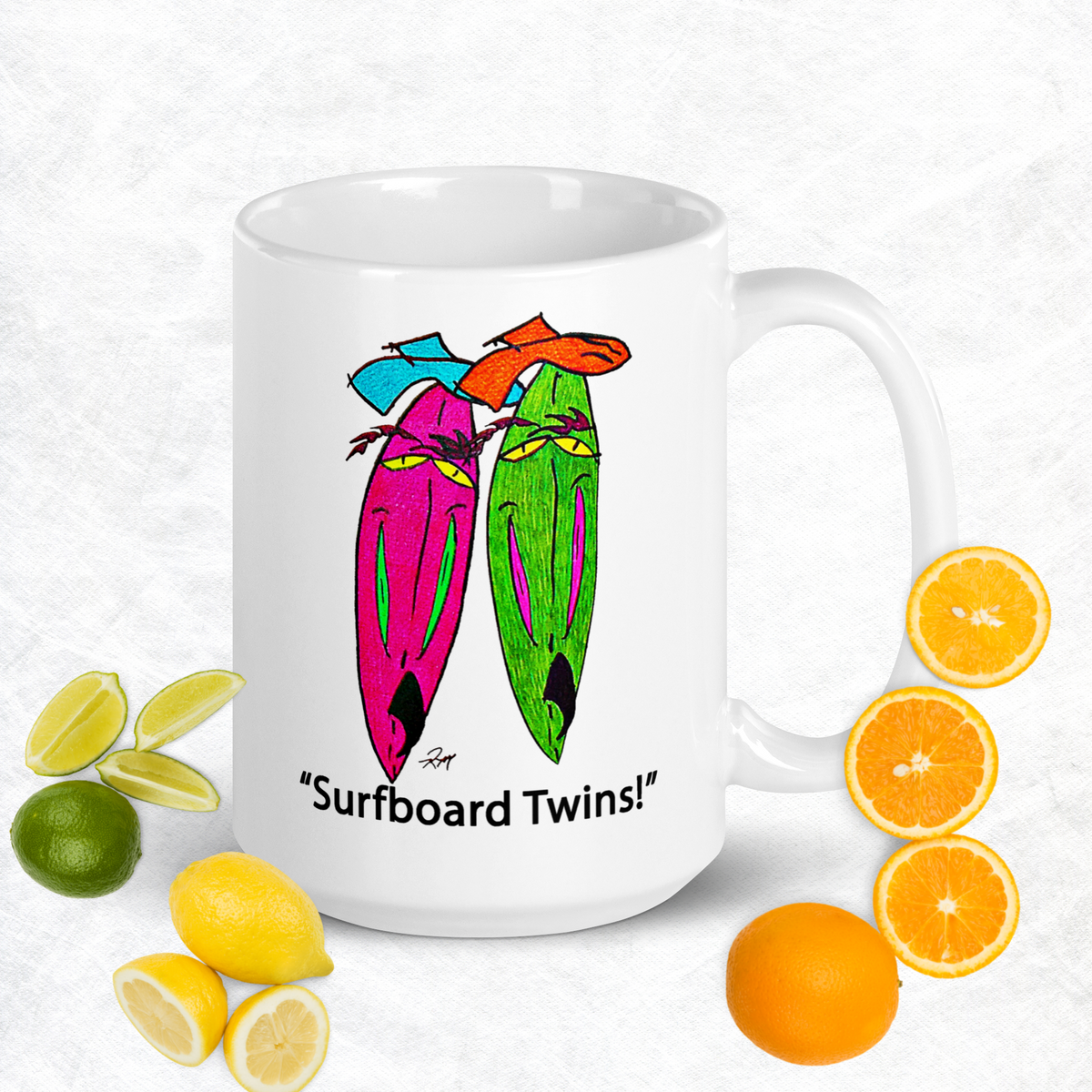 Surfboard Twins! White Glossy Mug