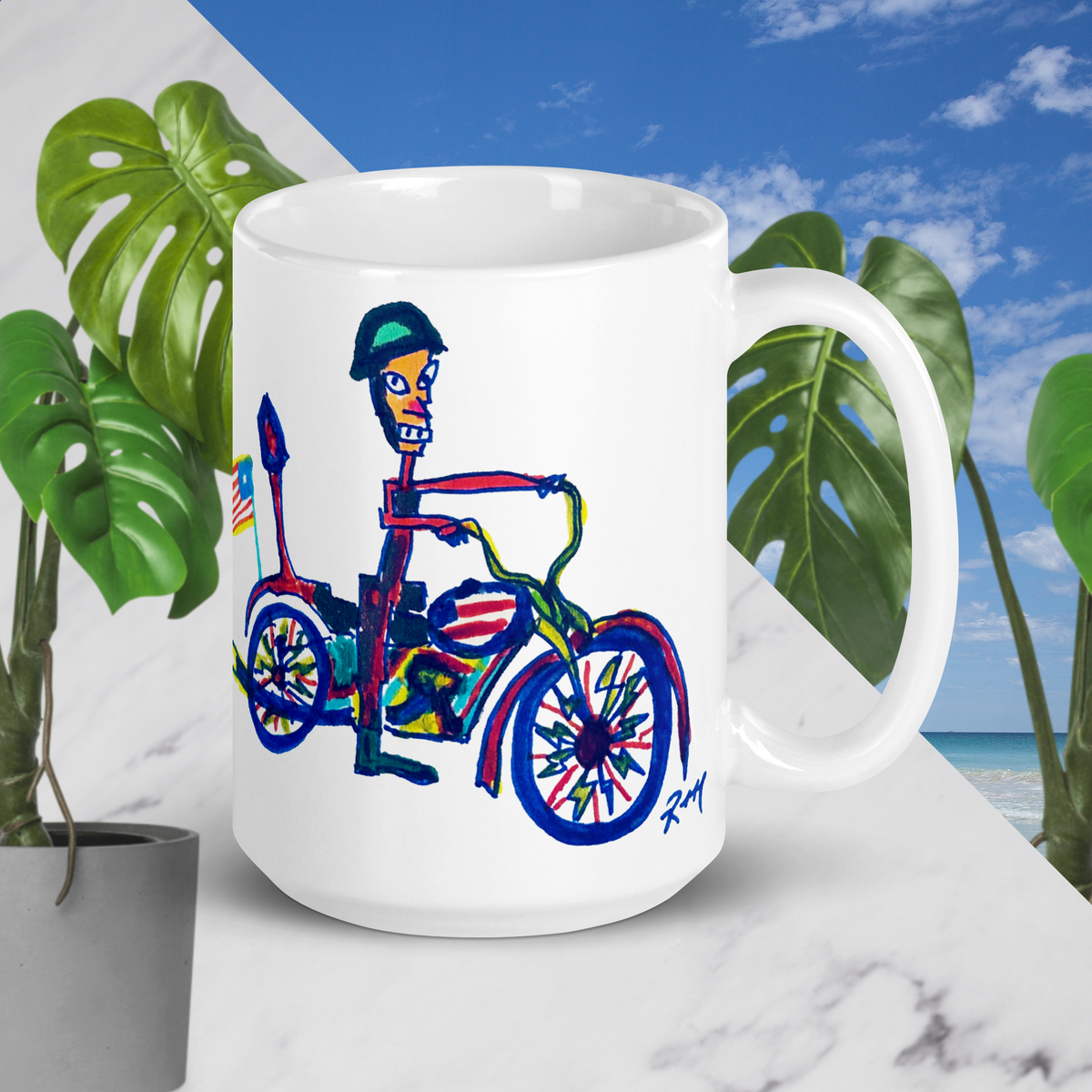 Quirky Motorcycle Rider! White Glossy Mug
