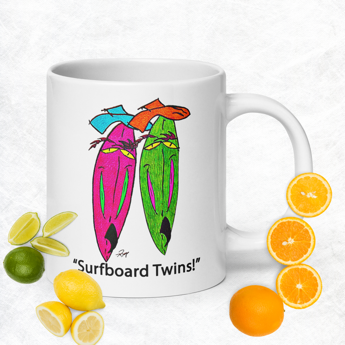 Surfboard Twins! White Glossy Mug