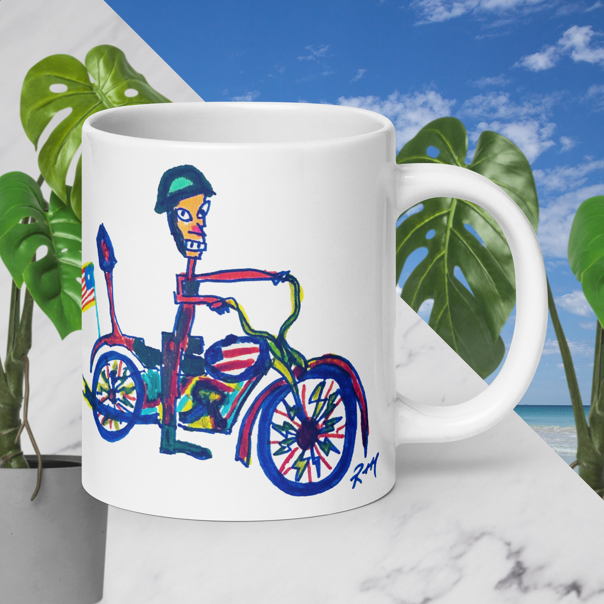 Quirky Motorcycle Rider! White Glossy Mug